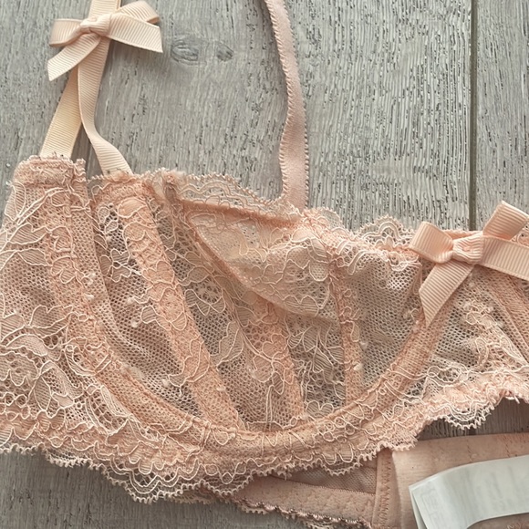 Varsbaby peach lace boudoir bra 32C like new adjustable French style gold clasp - Picture 5 of 11